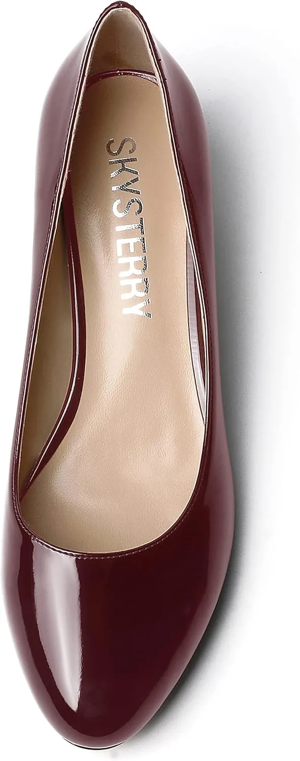SKYSTERRY Women's Office Kitten Round Toe Slip On Patent Spool Low Heel Pumps Office Dress Shoes 1.5 Inch