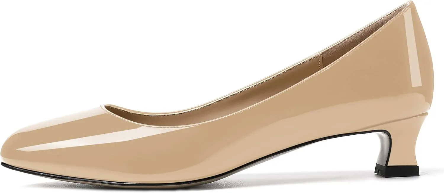 SKYSTERRY Women's Office Kitten Round Toe Slip On Patent Spool Low Heel Pumps Office Dress Shoes 1.5 Inch