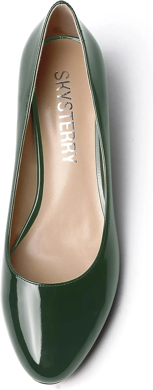 SKYSTERRY Women's Office Kitten Round Toe Slip On Patent Spool Low Heel Pumps Office Dress Shoes 1.5 Inch
