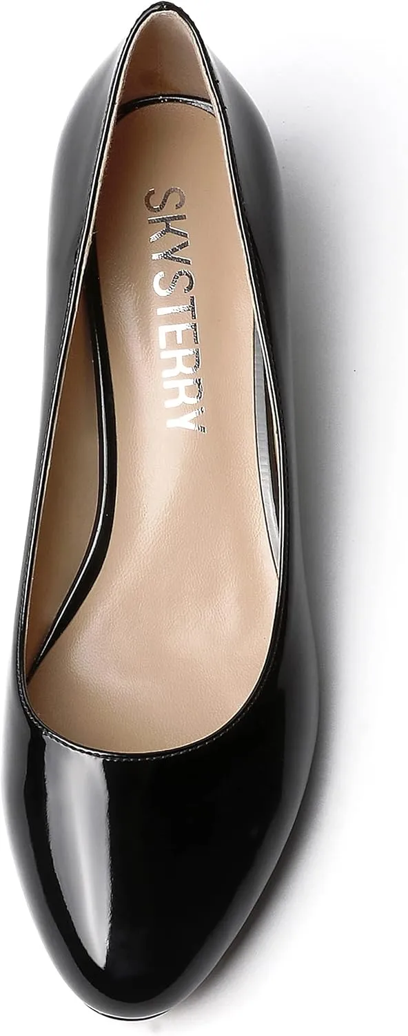 SKYSTERRY Women's Office Kitten Round Toe Slip On Patent Spool Low Heel Pumps Office Dress Shoes 1.5 Inch