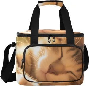 Sleeping Cat Insulated Portable Square Cooler Bag - Waterproof Oxford Cloth, Leakproof PEVA Lining, Front Zipper Pocket, Mesh Storage Bag - Perfect for Picnics, Beach Lunches