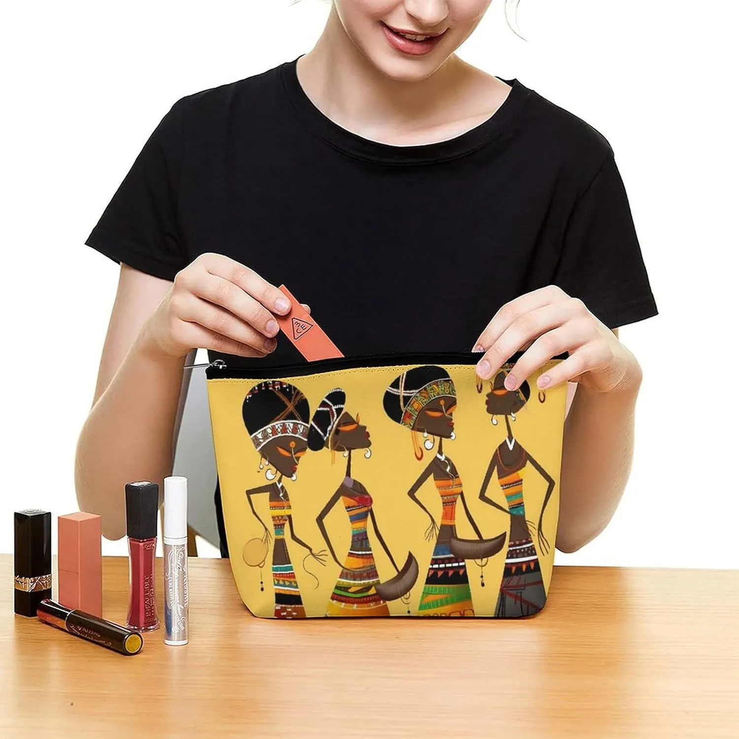 Small Cosmetic Bag Elegant Roomy Creative African Culture Makeup Bags Portable Zipper Pouch Lipstick Bag Travel Toiletry Bag for Best Friend Gift
