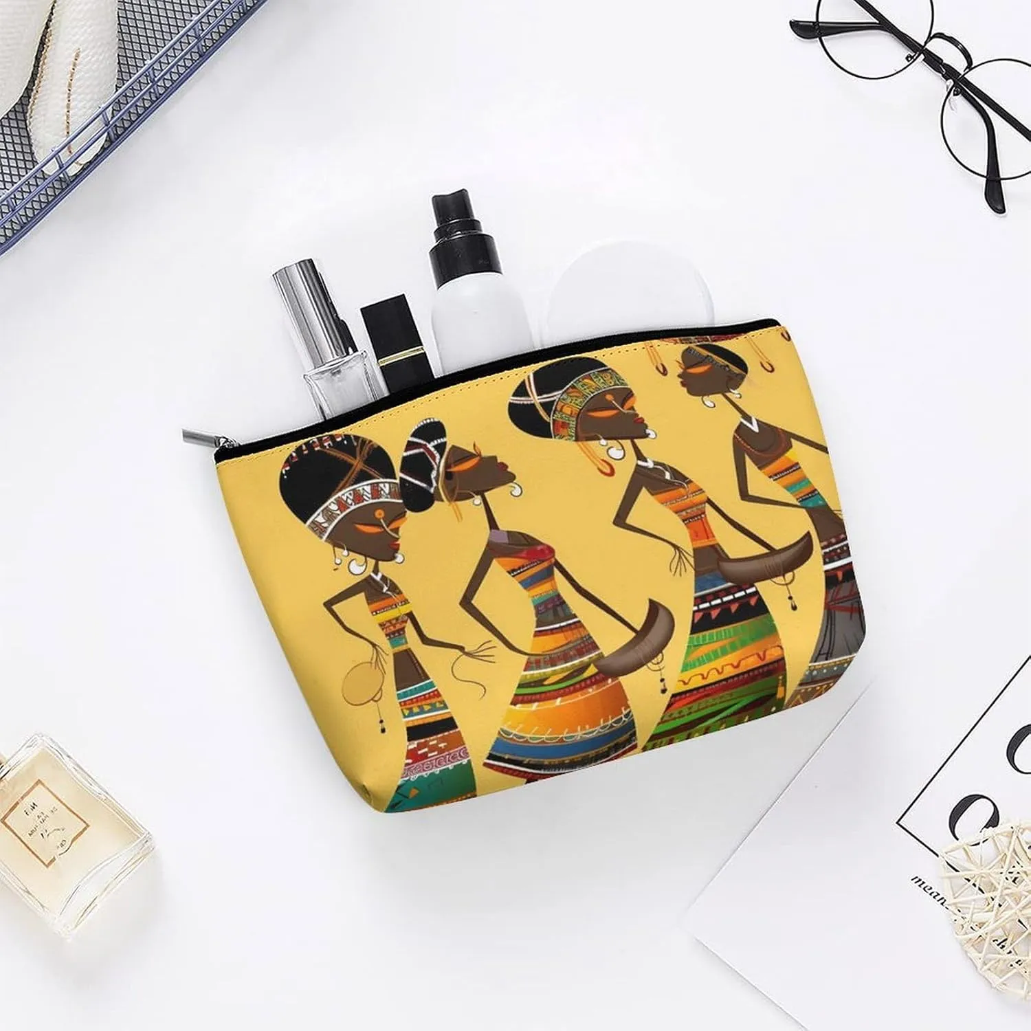 Small Cosmetic Bag Elegant Roomy Creative African Culture Makeup Bags Portable Zipper Pouch Lipstick Bag Travel Toiletry Bag for Best Friend Gift