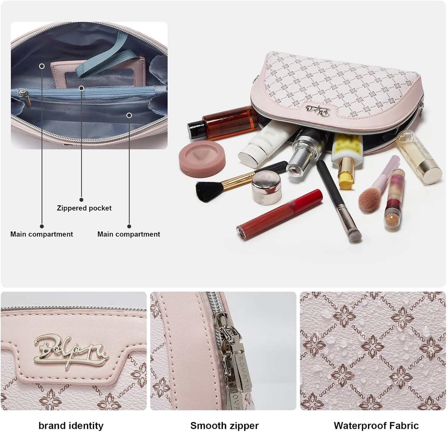 Small Makeup Bag for Purse Cosmetic Bag: Checkered Make up Bag for Women - Cute Preppy Skincare Bags for Evening - Waterproof Travel Pouch for Toiletry Organizer with Mirror & Zipper(012-Pink)