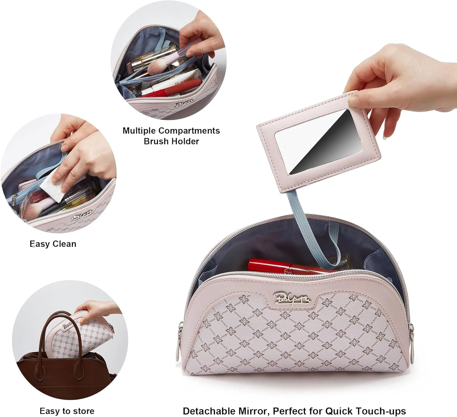 Small Makeup Bag for Purse Cosmetic Bag: Checkered Make up Bag for Women - Cute Preppy Skincare Bags for Evening - Waterproof Travel Pouch for Toiletry Organizer with Mirror & Zipper(012-Pink)