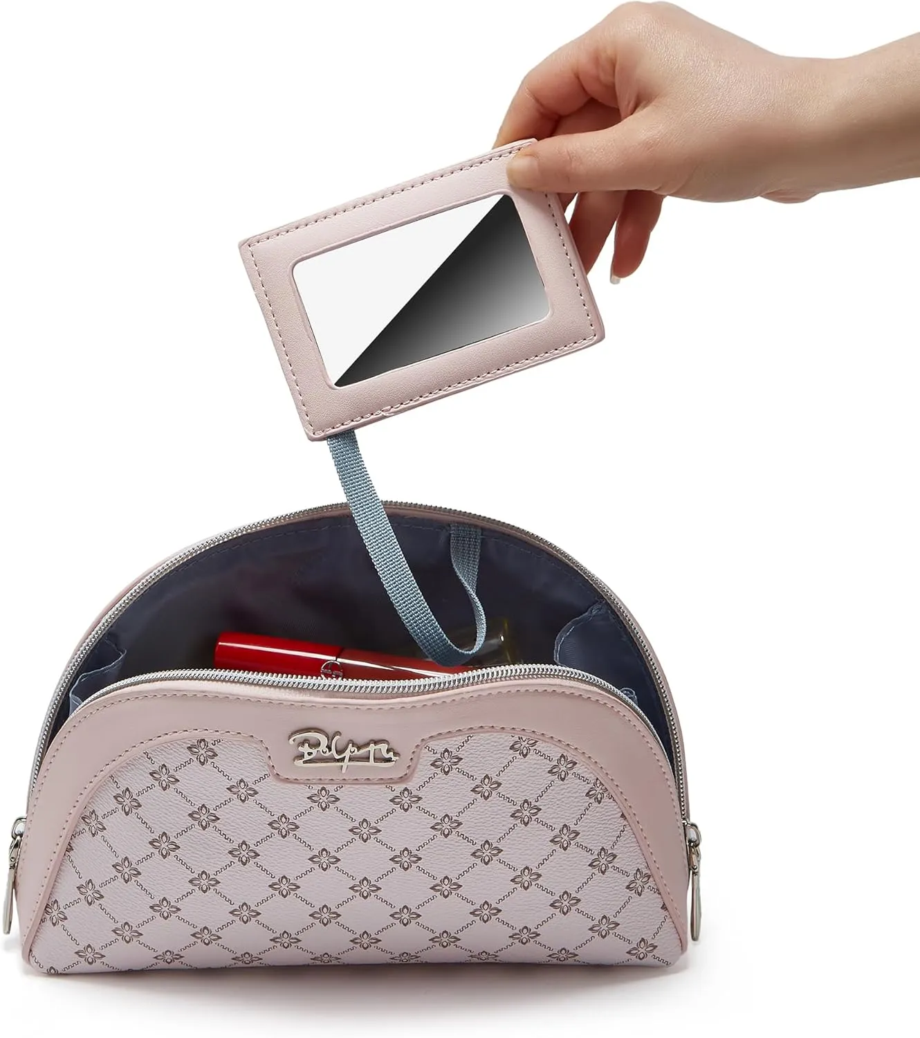 Small Makeup Bag for Purse Cosmetic Bag: Checkered Make up Bag for Women - Cute Preppy Skincare Bags for Evening - Waterproof Travel Pouch for Toiletry Organizer with Mirror & Zipper(012-Pink)