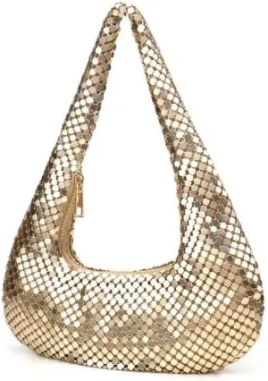 Small Womens Metallic Evening Bag Cute Hobo Handbag Fashion Y2k Shiny Moon-shaped Shoulder Purse