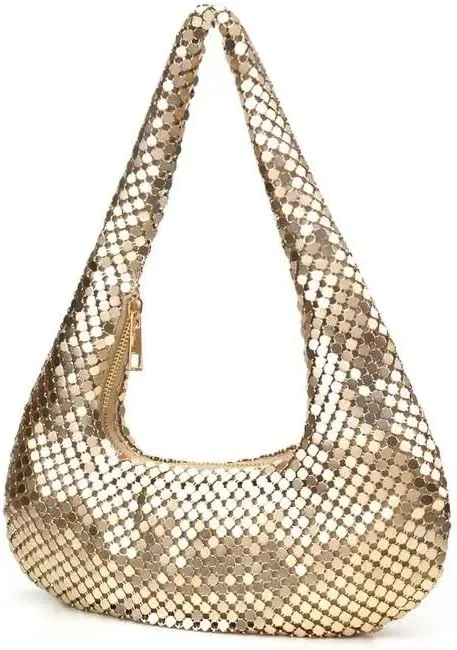 Small Womens Metallic Evening Bag Cute Hobo Handbag Fashion Y2k Shiny Moon-shaped Shoulder Purse