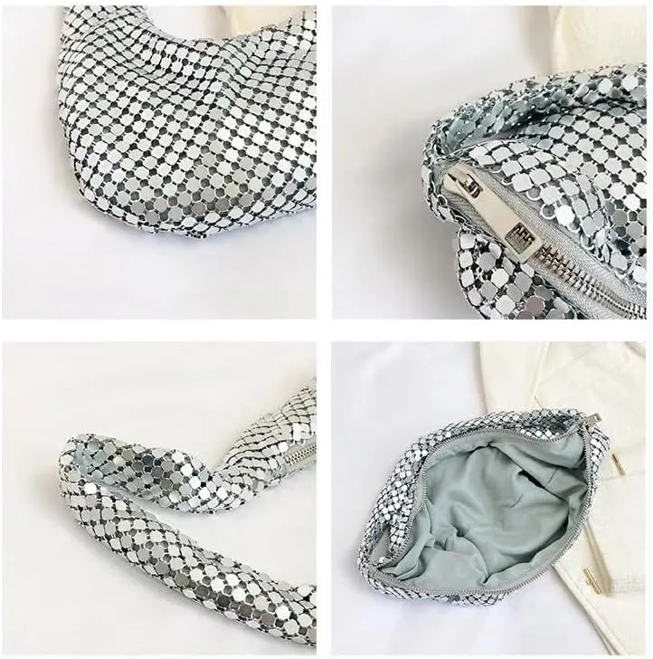 Small Womens Metallic Evening Bag Cute Hobo Handbag Fashion Y2k Shiny Moon-shaped Shoulder Purse
