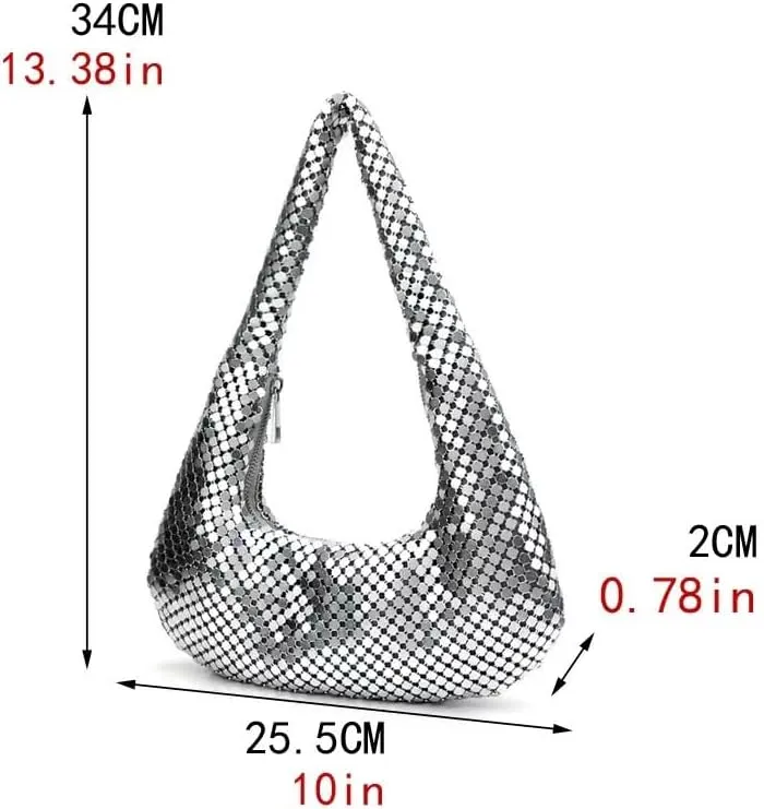 Small Womens Metallic Evening Bag Cute Hobo Handbag Fashion Y2k Shiny Moon-shaped Shoulder Purse