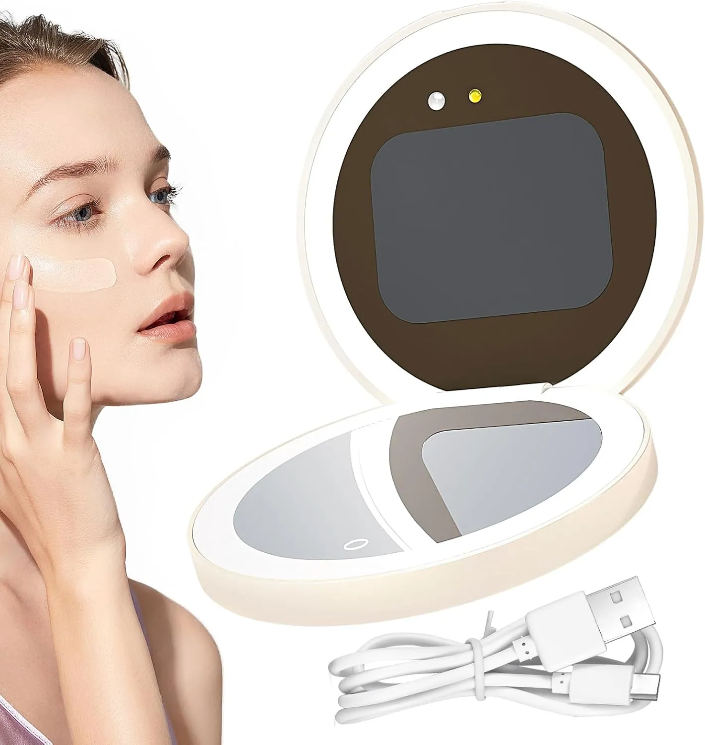 Smart Sunscreen UV Makeup Mirror, Dimmable LED Lights, Smart Vanity Mirror with Powerbank, Multiple Functions, 3000mah Battery, 9.7x9.7x2.3cm, for Travel Car Bathroom