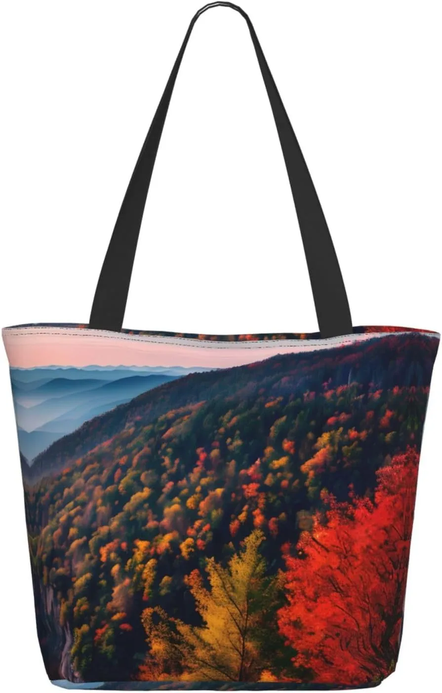 Smokey Mountain Cliff Tote Bag with Zipper for Women Inside Mesh Pocket Heavy Duty Casual Anti-water Cloth Shoulder Handbag Outdoors