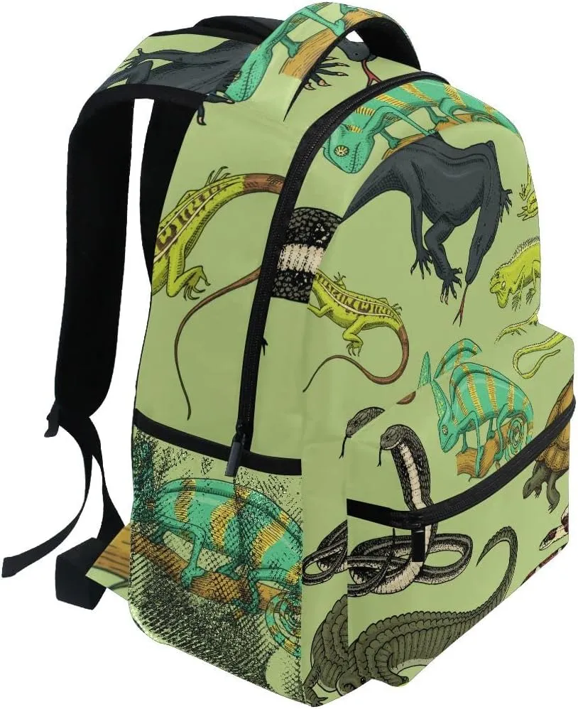 Snakes Lizard Chameleon and Turtle Animal Backpack School Bookbag Lightweight Laptop Backpack for Men Women Kids