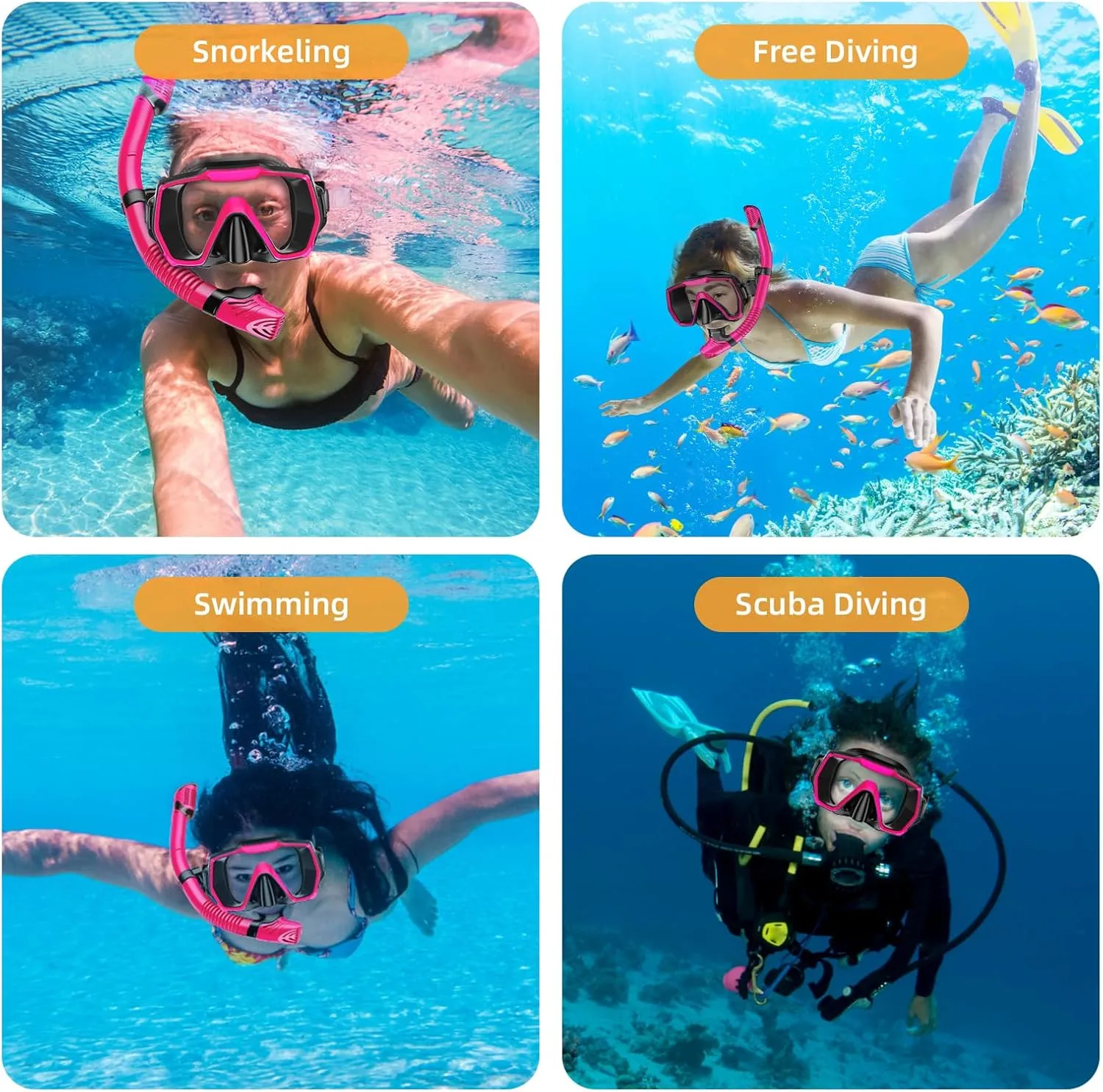 Snorkel Set Adults Snorkeling Gear Anti-Leak and Anti-Fog Tempered Glass Lens Panoramic View Swim Mask Dry Top Snorkel Kit for Snorkeling Scuba Diving Swimming Travel with Carry Bag