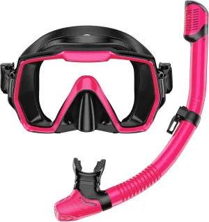 Snorkel Set Adults Snorkeling Gear Anti-Leak and Anti-Fog Tempered Glass Lens Panoramic View Swim Mask Dry Top Snorkel Kit for Snorkeling Scuba Diving Swimming Travel with Carry Bag