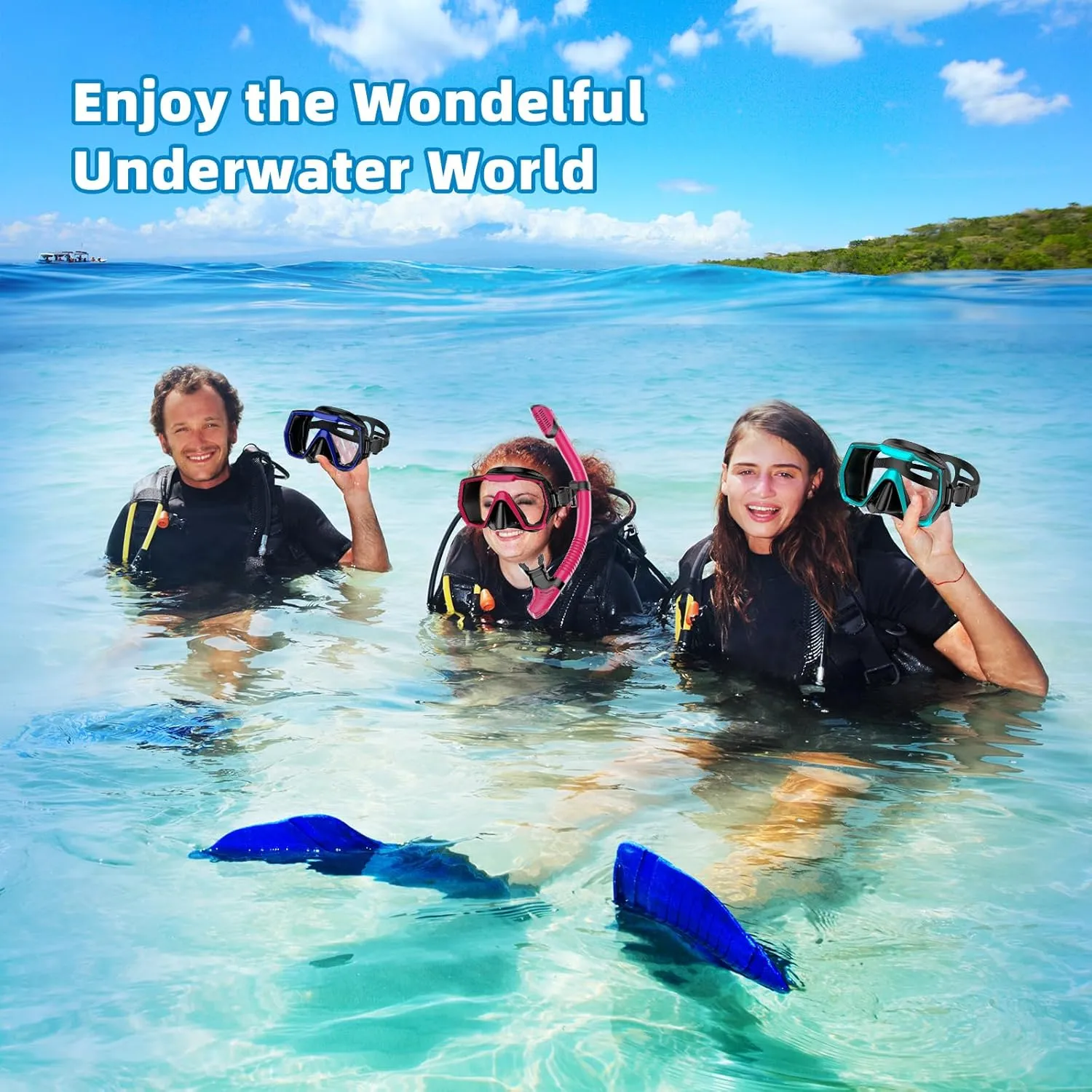 Snorkel Set Adults Snorkeling Gear Anti-Leak and Anti-Fog Tempered Glass Lens Panoramic View Swim Mask Dry Top Snorkel Kit for Snorkeling Scuba Diving Swimming Travel with Carry Bag