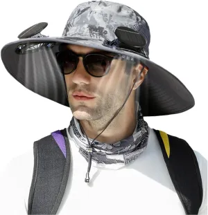 Solar Fan Hat, Wide Brim Solar Fan Outdoor Fishing Hat Sun Hat for Men with 2 Solar Fan Fishing Hats, UPF 50 