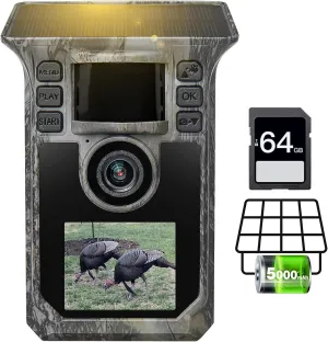 Solar Trail Camera 4K 64MP Game Camera, 5000mAh Forever Power, 64GB Memory Card and Ip67 Waterproof 130°Wide Angle Night Vision for Outdoor Wildlife Detection, Monitoring Trail Cameras