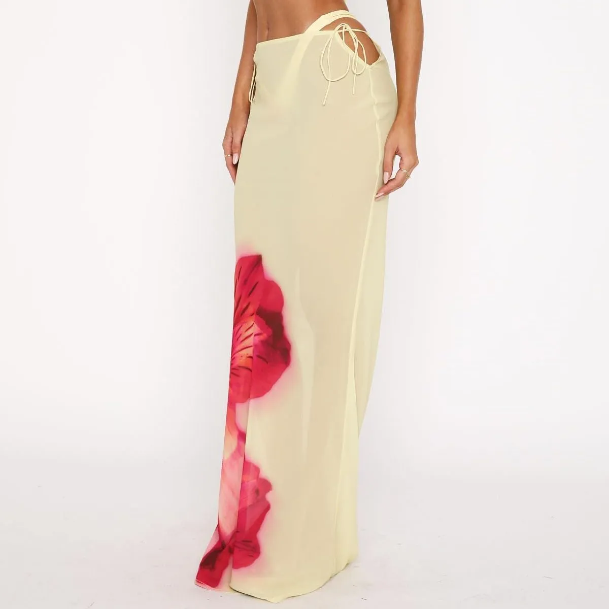 SOLILOQUY Women Y2K Floral Print Sheer Mesh Skirt Summer See Through Cover-up Bodycon Pencil Long Skirt Boho Beach Maxi Skirt