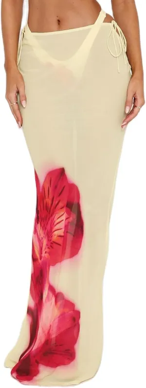 SOLILOQUY Women Y2K Floral Print Sheer Mesh Skirt Summer See Through Cover-up Bodycon Pencil Long Skirt Boho Beach Maxi Skirt