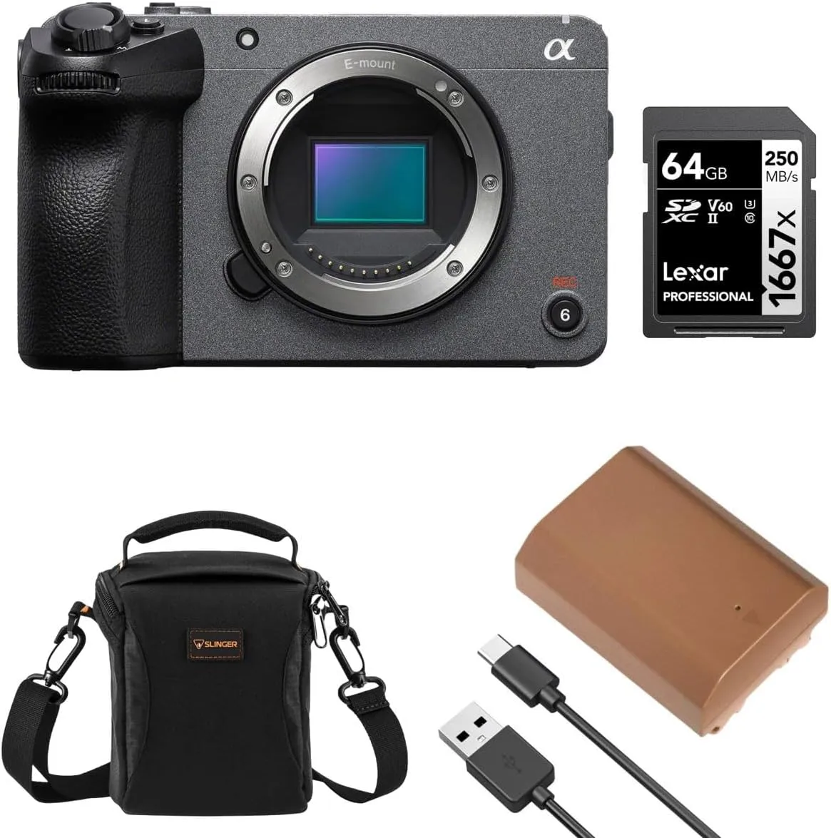 Sony FX30 Super 35 Cinema Line Camera with Slinger Multi-Device Shoulder Bag, Extra Battery, SD Card (Without Lens)