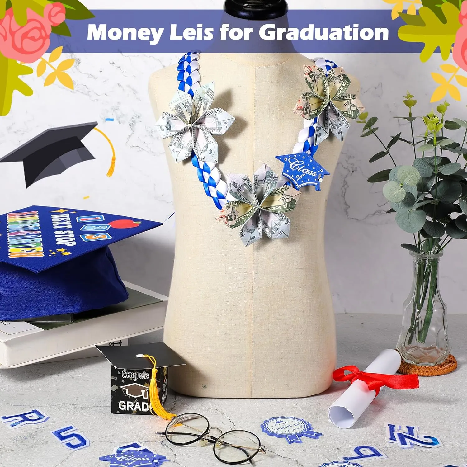 Spakon 62 Pcs Graduation Leis 2025 Graduation Ribbon Lei Necklace Decorations with Letter Wooden Pattern for Student