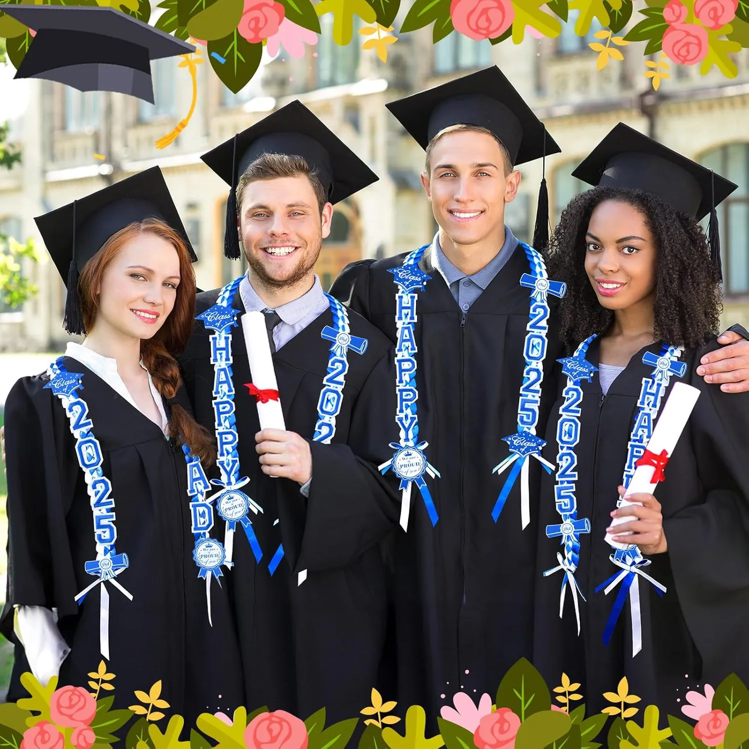 Spakon 62 Pcs Graduation Leis 2025 Graduation Ribbon Lei Necklace Decorations with Letter Wooden Pattern for Student