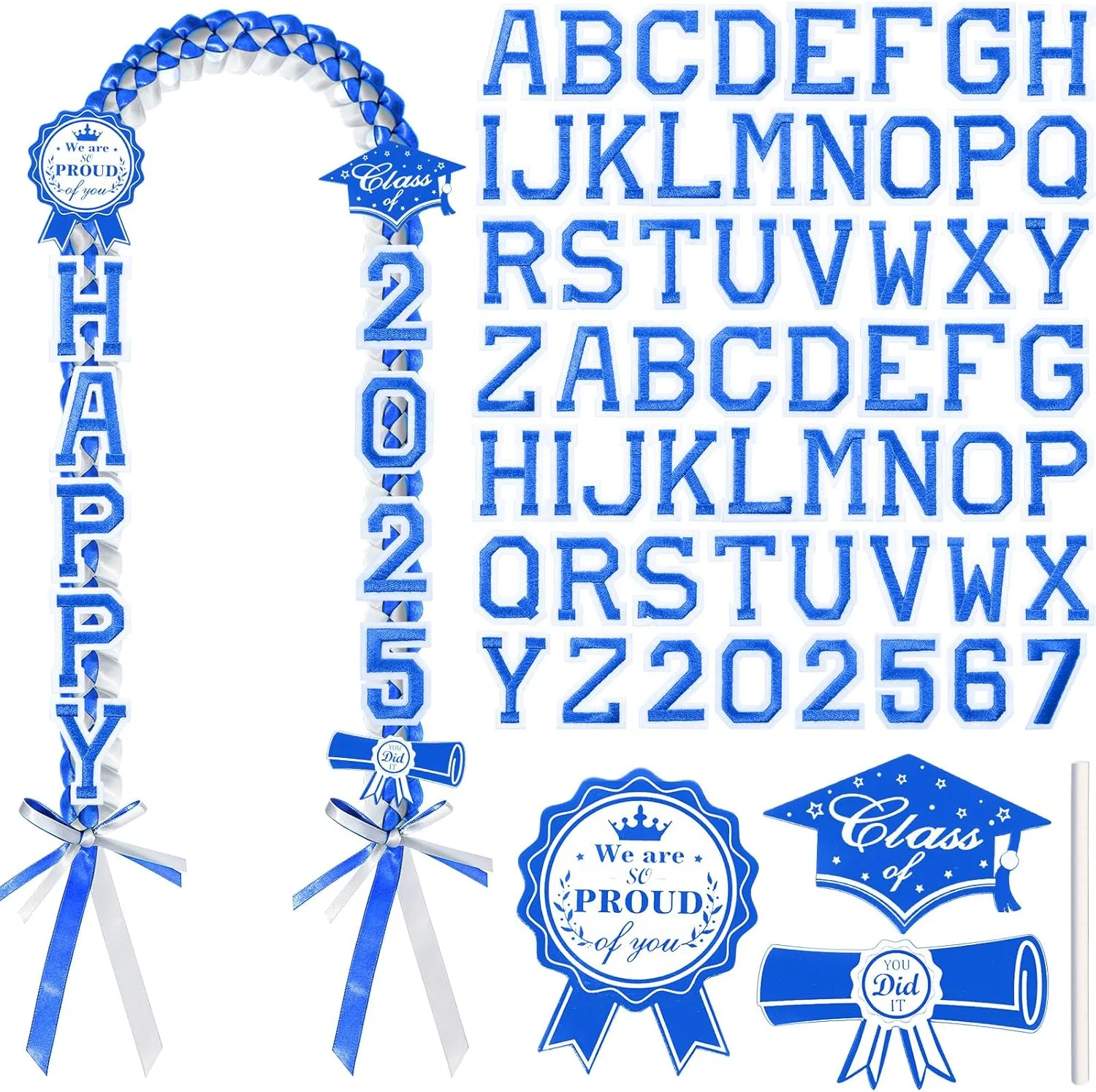 Spakon 62 Pcs Graduation Leis 2025 Graduation Ribbon Lei Necklace Decorations with Letter Wooden Pattern for Student
