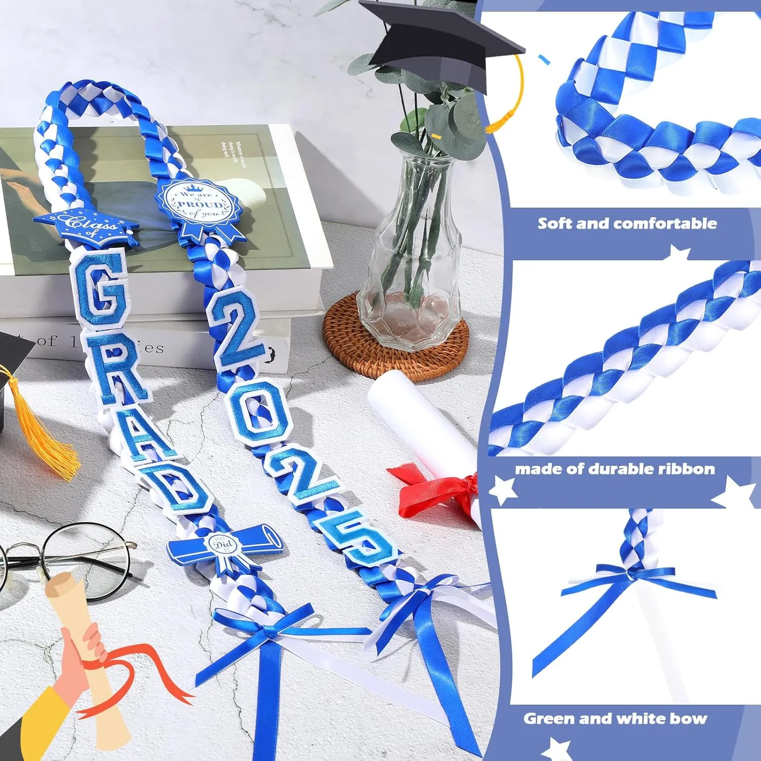 Spakon 62 Pcs Graduation Leis 2025 Graduation Ribbon Lei Necklace Decorations with Letter Wooden Pattern for Student