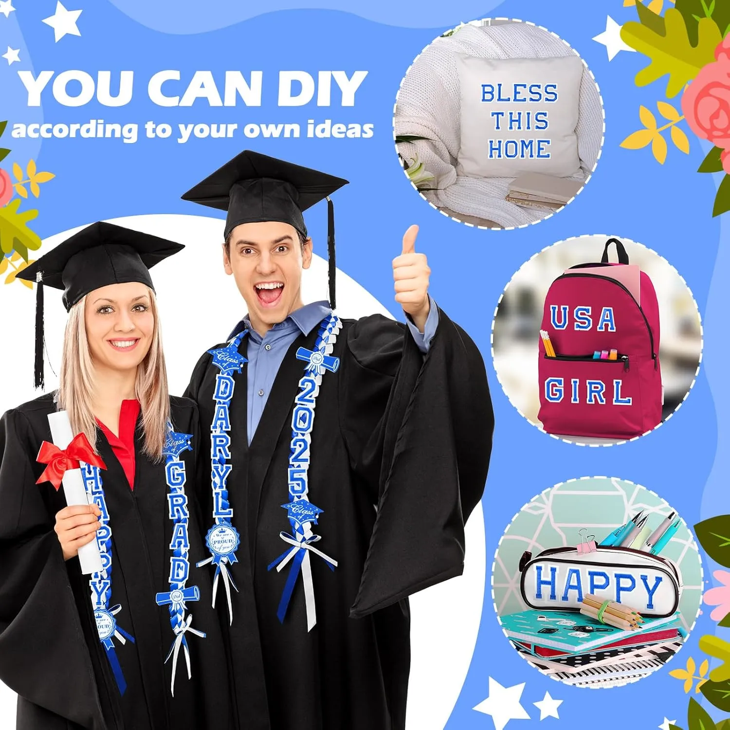 Spakon 62 Pcs Graduation Leis 2025 Graduation Ribbon Lei Necklace Decorations with Letter Wooden Pattern for Student