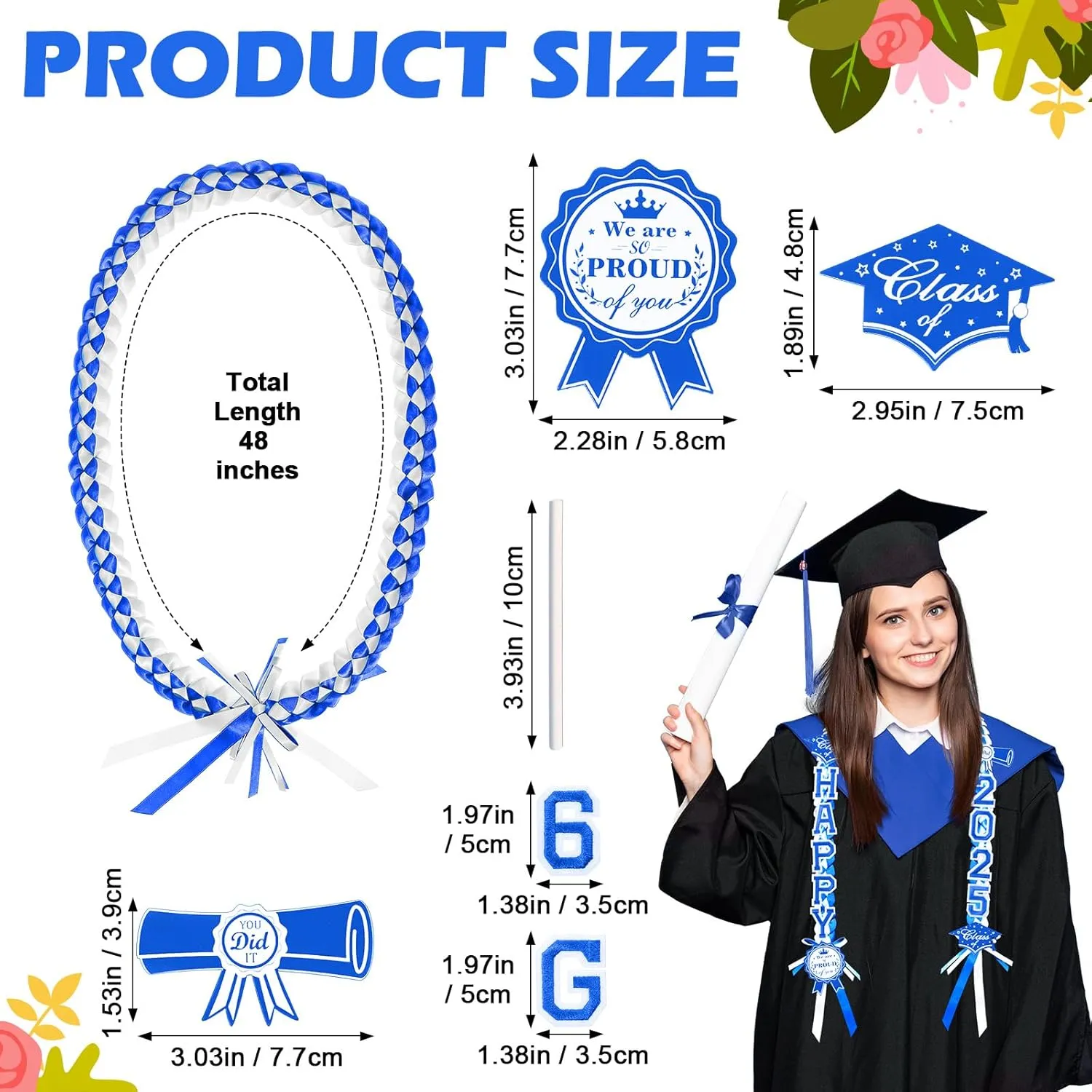 Spakon 62 Pcs Graduation Leis 2025 Graduation Ribbon Lei Necklace Decorations with Letter Wooden Pattern for Student