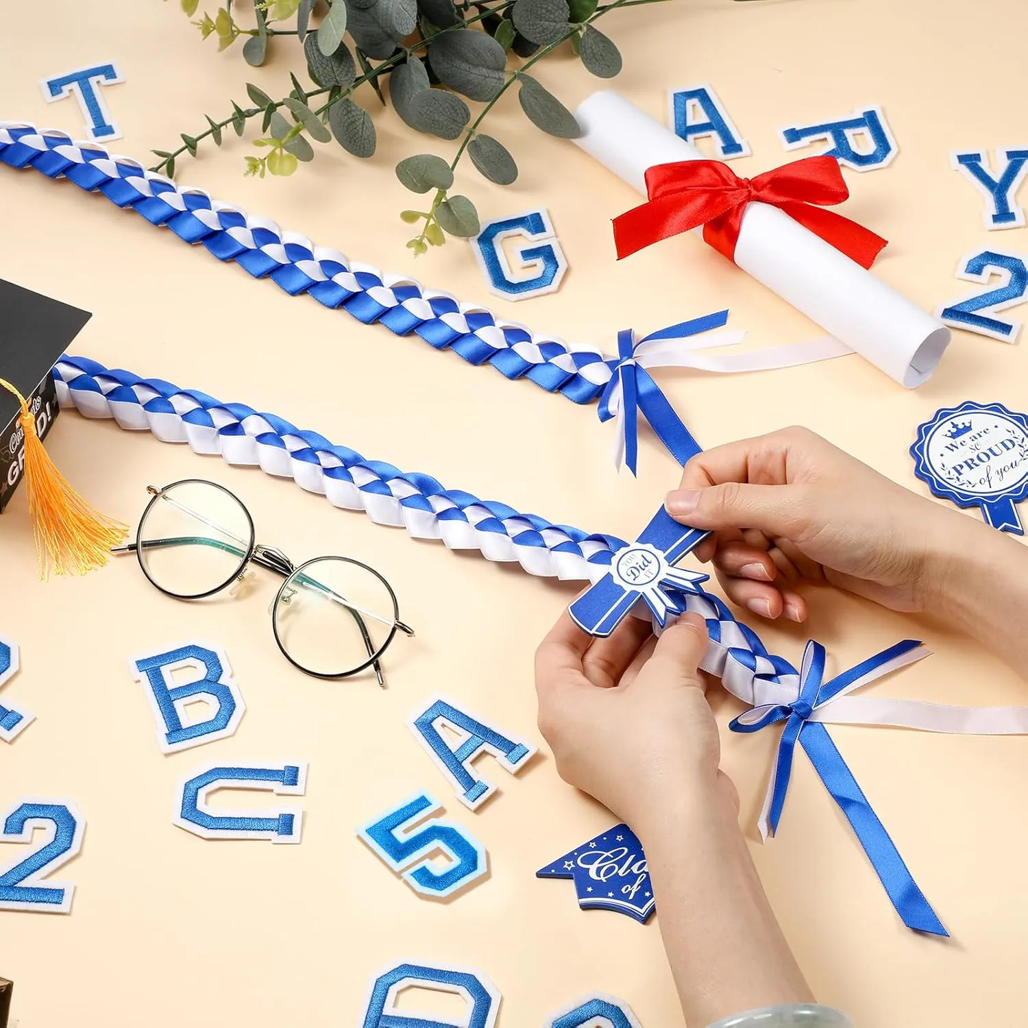 Spakon 62 Pcs Graduation Leis 2025 Graduation Ribbon Lei Necklace Decorations with Letter Wooden Pattern for Student