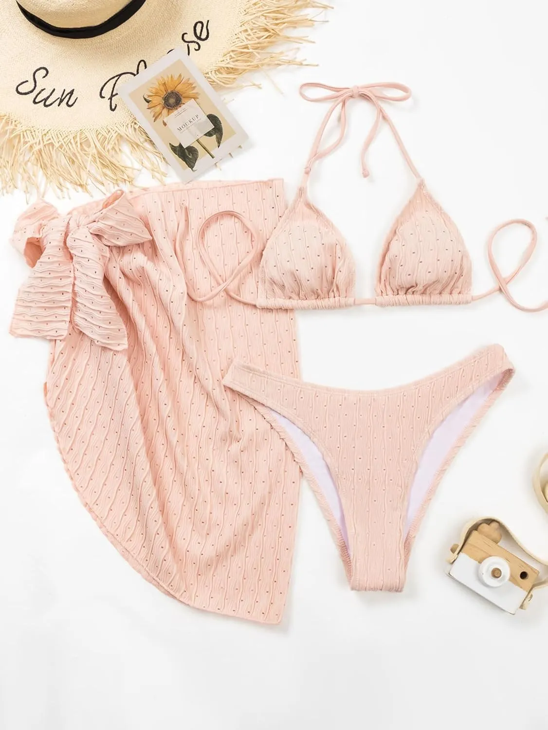 Spevert Women's 3 Piece Bikini Sets Halter Triangle Tie Fishnet Mesh Swimsuits with Beach Skirt Swimwear Set