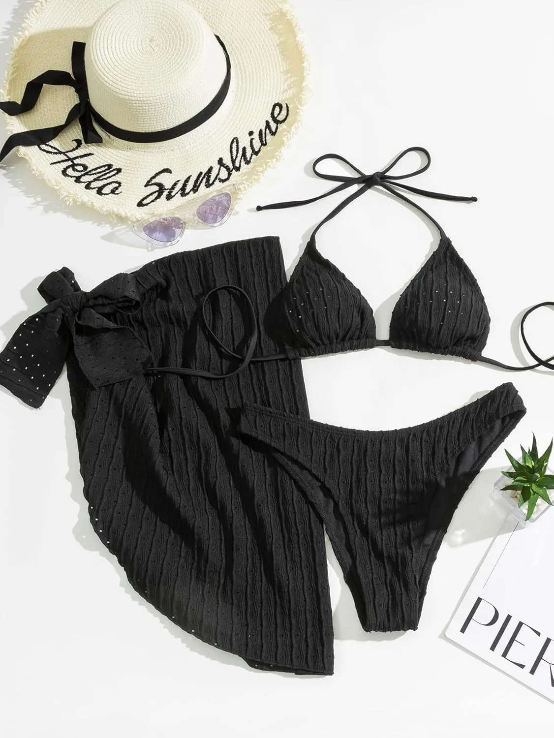 Spevert Women's 3 Piece Bikini Sets Halter Triangle Tie Fishnet Mesh Swimsuits with Beach Skirt Swimwear Set