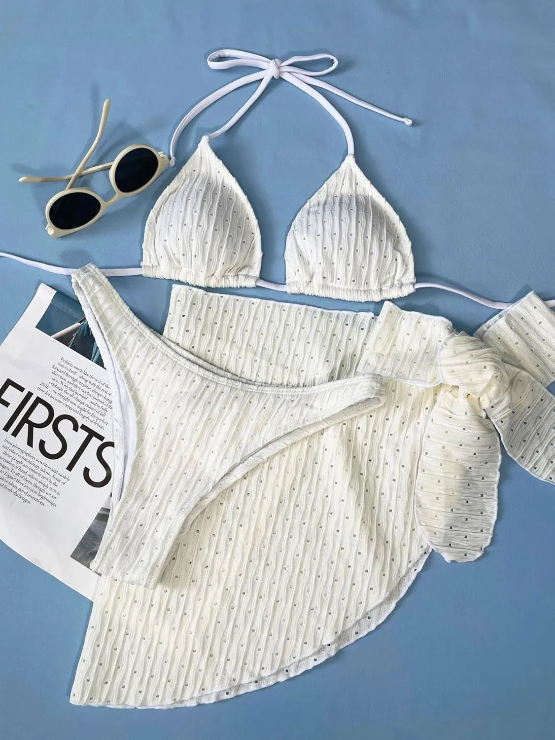 Spevert Women's 3 Piece Bikini Sets Halter Triangle Tie Fishnet Mesh Swimsuits with Beach Skirt Swimwear Set