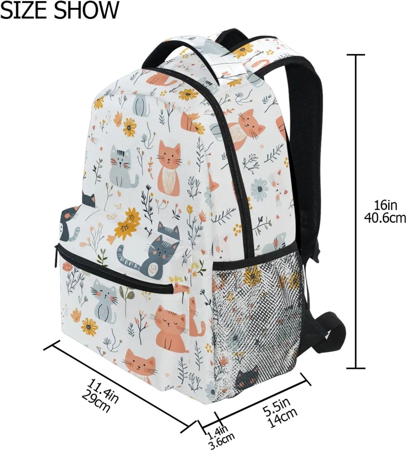 Sport Backpack for Teenager Waterproof Outdoor Backpack with Chest Strap for College Work Cartoon Sweet Cat White