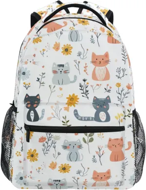Sport Backpack for Teenager Waterproof Outdoor Backpack with Chest Strap for College Work Cartoon Sweet Cat White