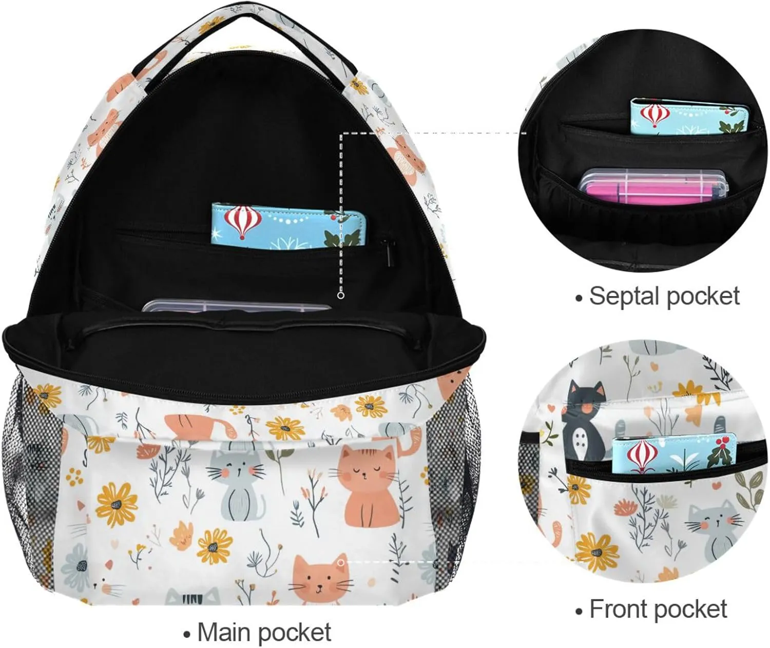 Sport Backpack for Teenager Waterproof Outdoor Backpack with Chest Strap for College Work Cartoon Sweet Cat White
