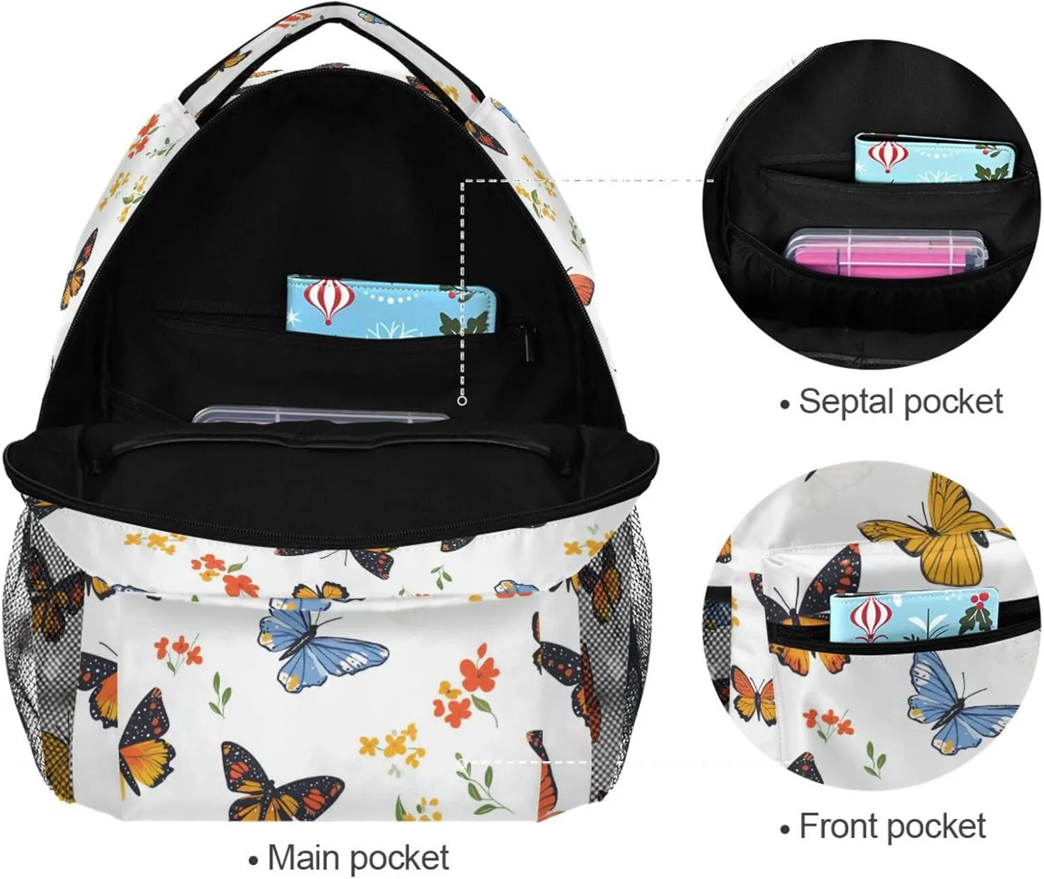 Sport Backpack for Teens Boys Girls Fashion School Book Bag with Chest Strap for College Work Cartoon Cute Butterflies