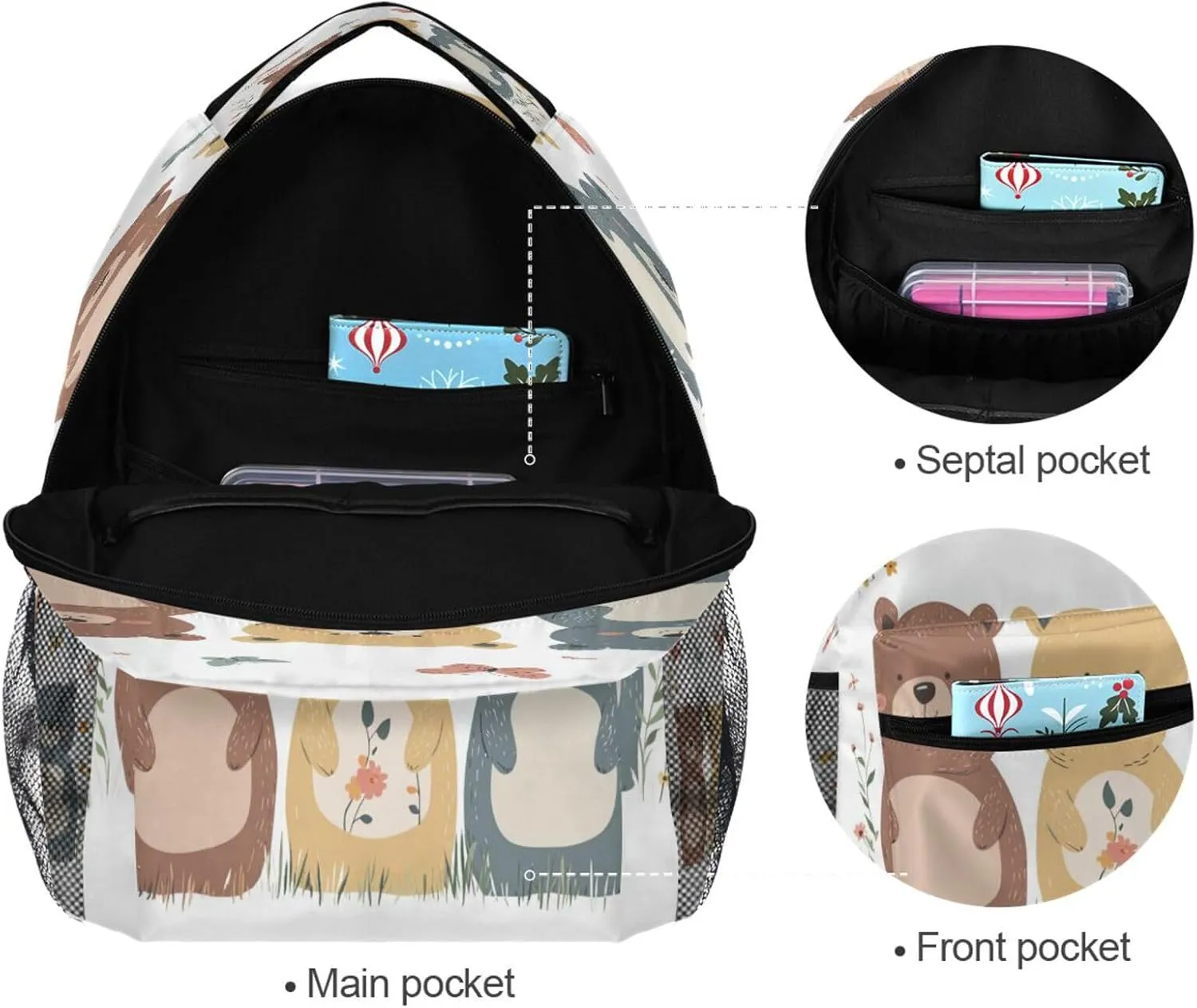 Sport Backpack for Teens Boys Girls Waterproof School Book Bag with Chest Strap for Business Work College Travel Trip Chic Bears White
