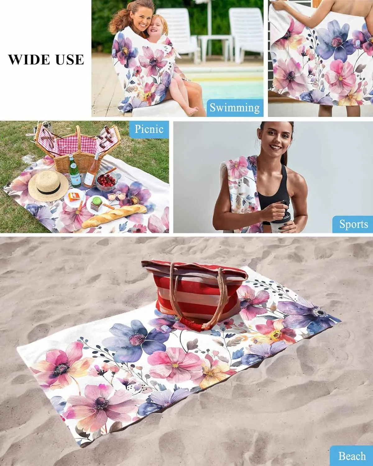 Spring Country Beach Towel 30"x60" Microfiber Beach Towels Oversized Sand Free Quick Dry Beach Towel/Bath Towels/Yoga Towel/Pool Towels/Travel Towel for Women Men Girls Kids-Wild Flowers
