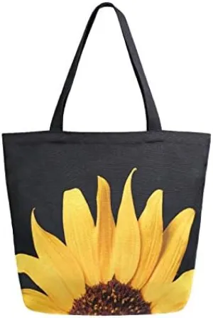Spring Wild Sunflower Large Canvas Tote Bag Heavy Duty Grocery Bag,Summer Floral Black Women Casual Shoulder Bag Pocket Reusable Handbags for Travel Beach School Nursing Gift