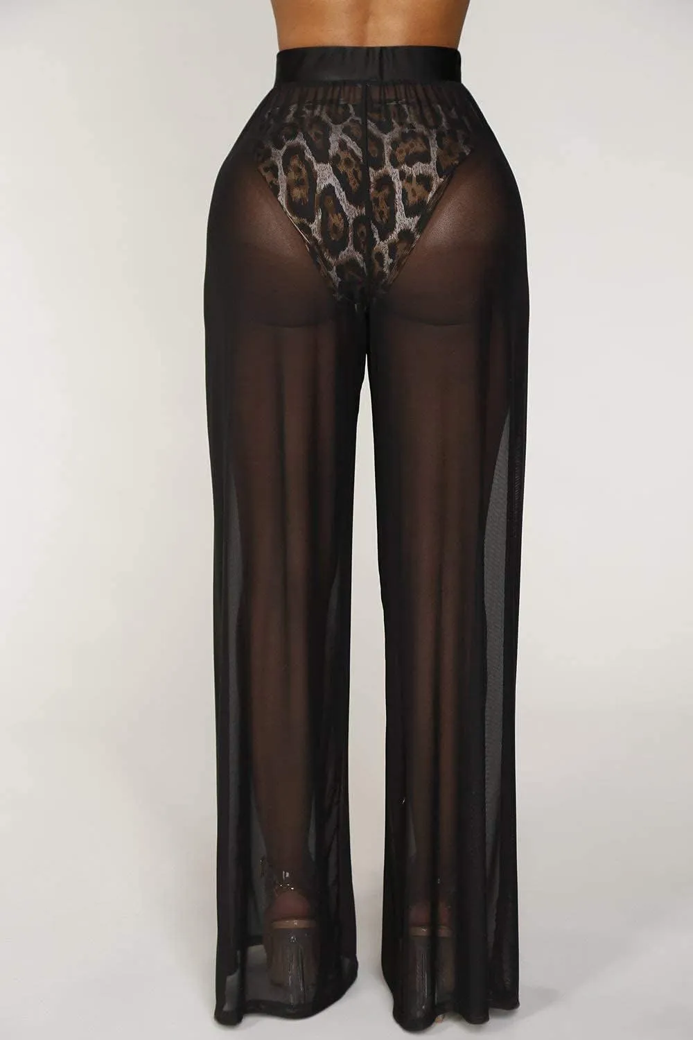 Springcmy Women Ruffle Sheer Mesh Pants See Through Bikini Bottom Swimsuit Cover up Wide Leg Beach Pants
