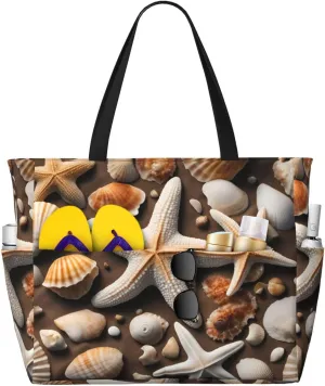 Starfish and shells print Large Capacity Tote Bag, Beach Tote Bag, Large Capacity Camping Bag