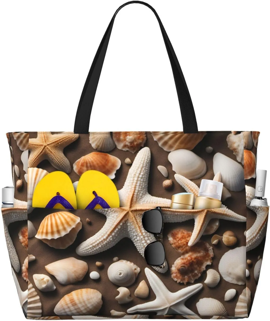 Starfish and shells print Large Capacity Tote Bag, Beach Tote Bag, Large Capacity Camping Bag