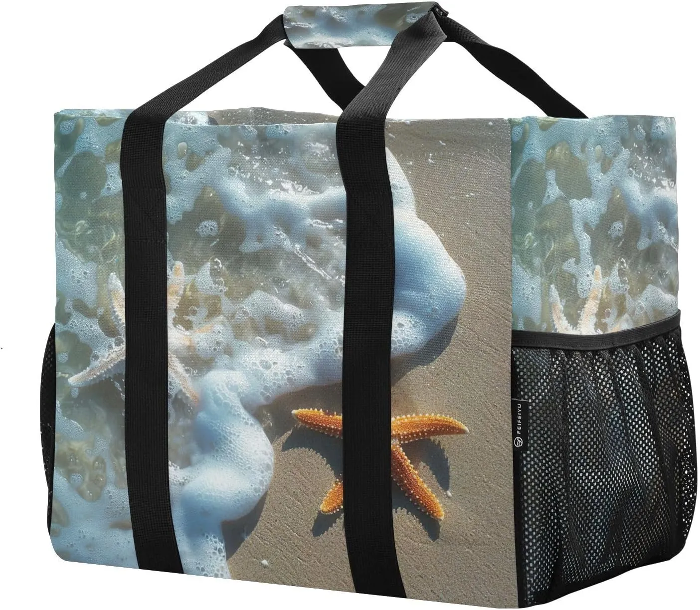 Starfish Beach Large Foldable Travel Tote Bag, Lightweight Waterproof Swim Pool Bag with Handles & Pocket for Beach Outdoor, Reusable Grocery Bag for Kitchen, Shopping
