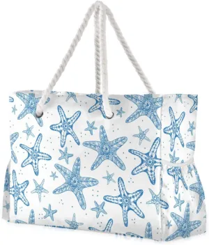 Starfish Large Beach Tote Bag, Lightweight Waterproof Sandproof Swim Pool Bag with Rope Handles & Zipper for Beach Travel Outdoor