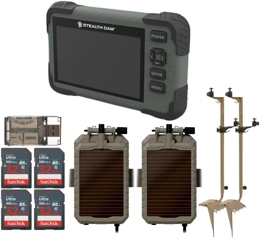 Stealth Cam Adjustable Multi-Pivot Mounting Post (2-Pack) Bundle with Solar Power Panel (2-Pack), SD Card Reader-Viewer (2-Pack), 32GB Memory Card (4-Pack), and 4-in-1 USB Card Reader (11 Items)