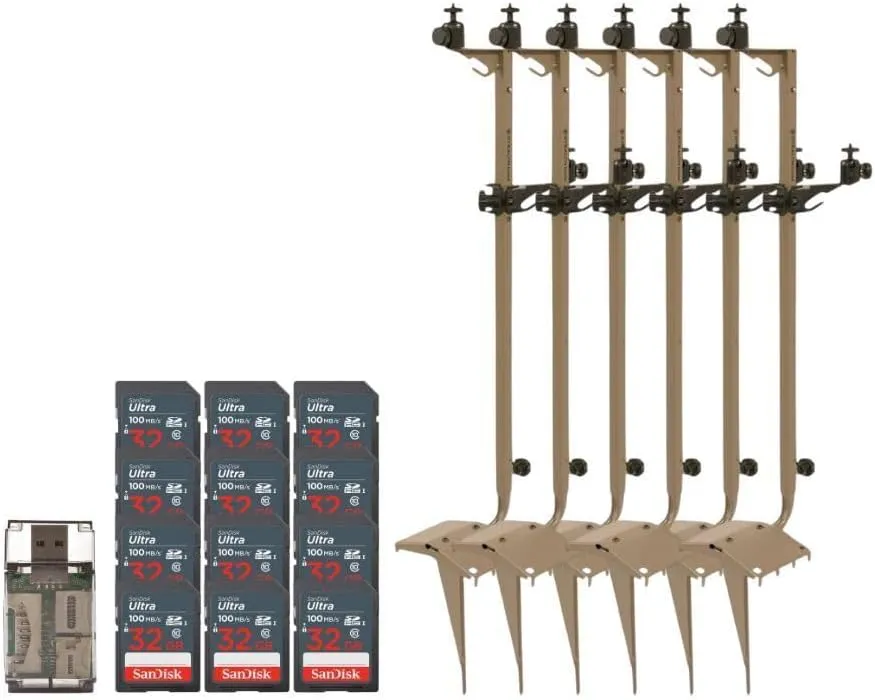 Stealth Cam Adjustable Multi-Pivot Mounting Post for Trail Camera and Battery (6-Pack) Bundle with 32GB Ultra SDHC UHS-I Memory Card (12-Pack) and Hf-cr35b SD Card Reader USB 2.0 (19 Items)