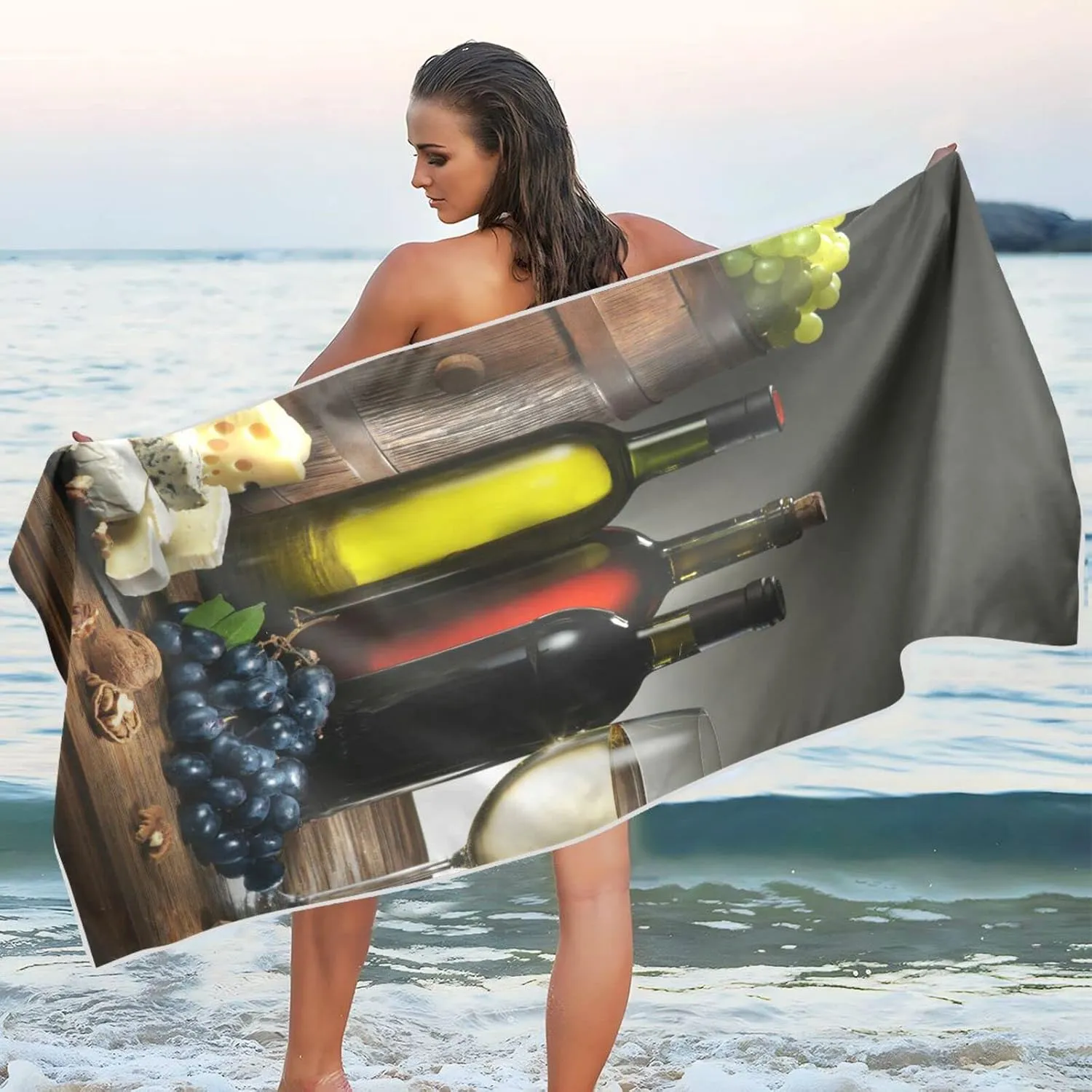 Still-life Bottles Glasses of Red Wine, Cheeses, Grapes, Wood Barrel Quick Drying Beach Towel, Foldable Yoga Towel, Soft Sport Towel, Sweat Absorbent Towel with Storage Mesh Bag 30 x 60 inch (S)